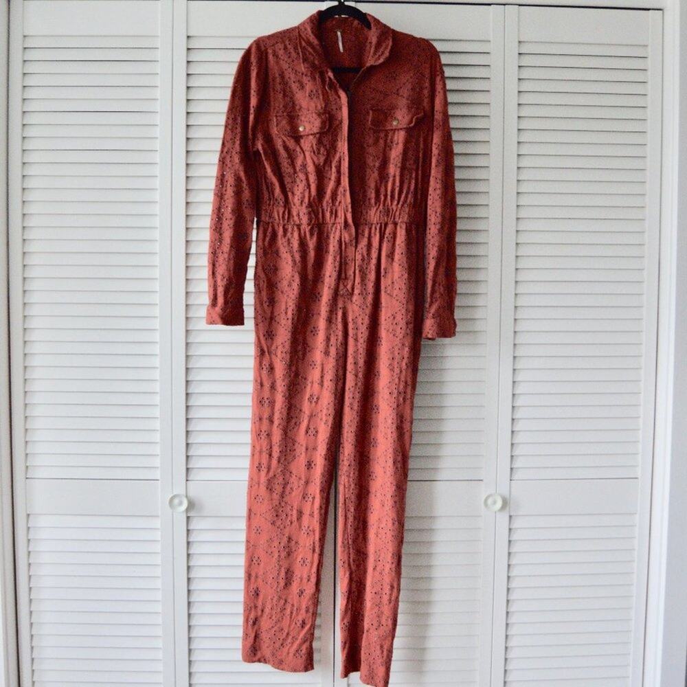 Free People Set the Tone Eyelet Size 2 Rust Jumpsuit | Size 2